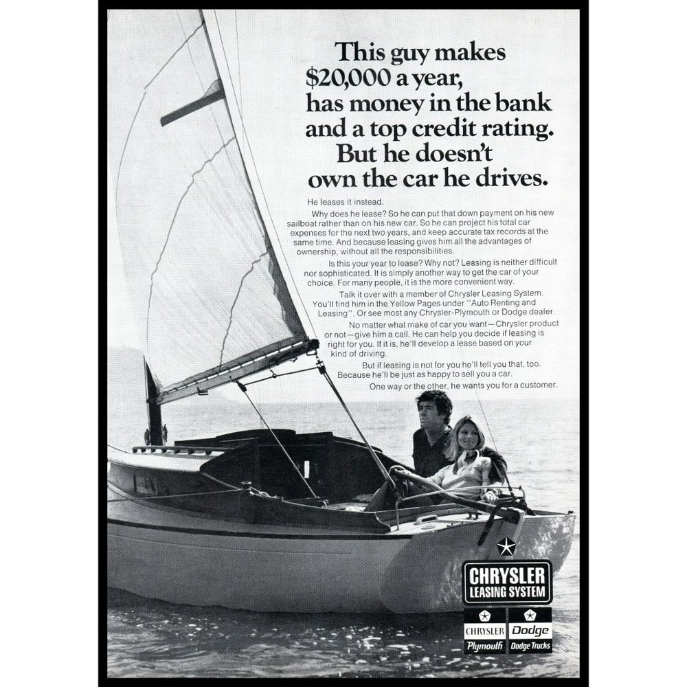 1974 Chrysler Dodge Lease Vintage Print Ad Sailboat Sailing Ocean Boat Wall Art